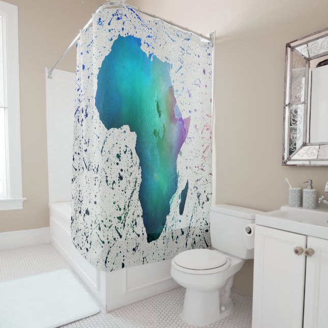Rideaux De Douche Aquarelle bleue, violet et verte Afrique (En situation)
