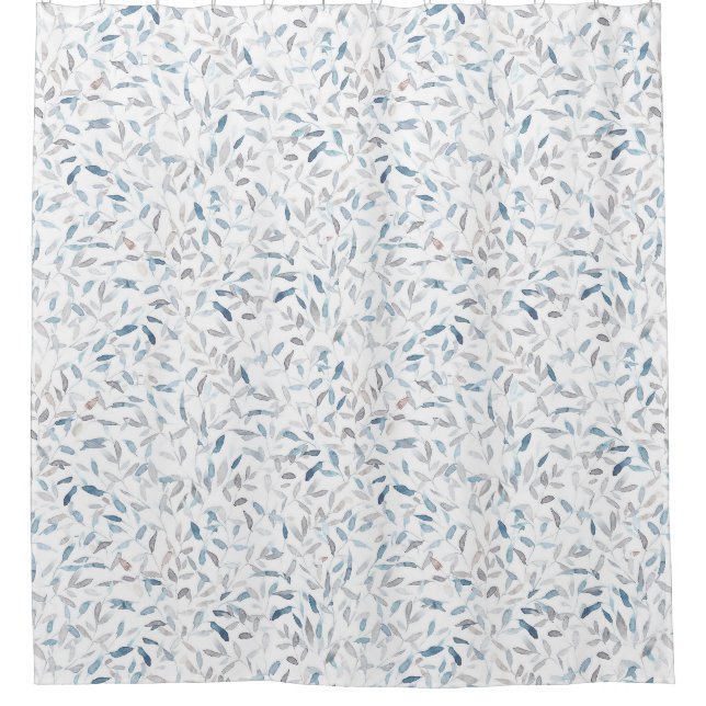 Rideaux De Douche Aquarelle botanique gris bleu feuilles sur blanc (Devant)