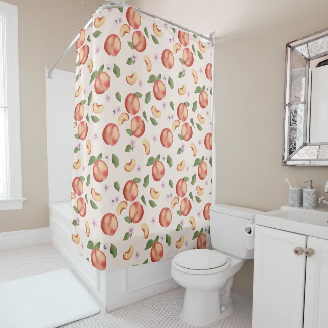 Rideaux De Douche Aquarelle botanique Pêches et fleurs (En situation)