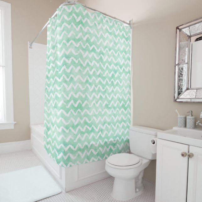 Rideaux De Douche Aquarelle Chic Mint Chevron Stripes (En situation)