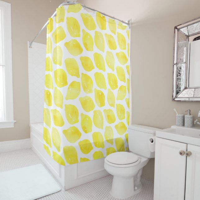Rideaux De Douche Aquarelle Citron jaune blanc Motif d'été (En situation)