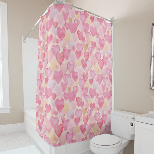 Rideaux De Douche Aquarelle Coeurs rose et jaune mignon romantique (Créateur téléchargé)