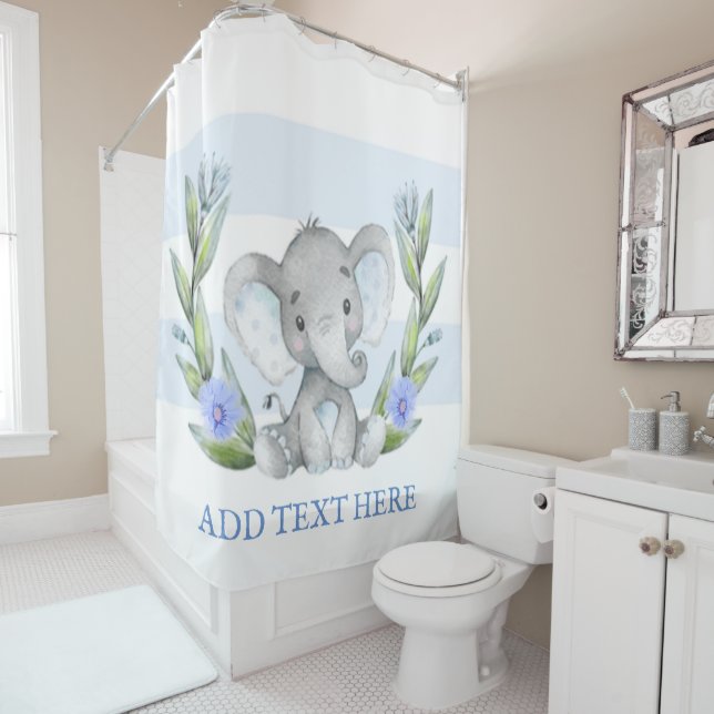 Rideaux De Douche Aquarelle Cute Elephant Vert Personnalisé (En situation)