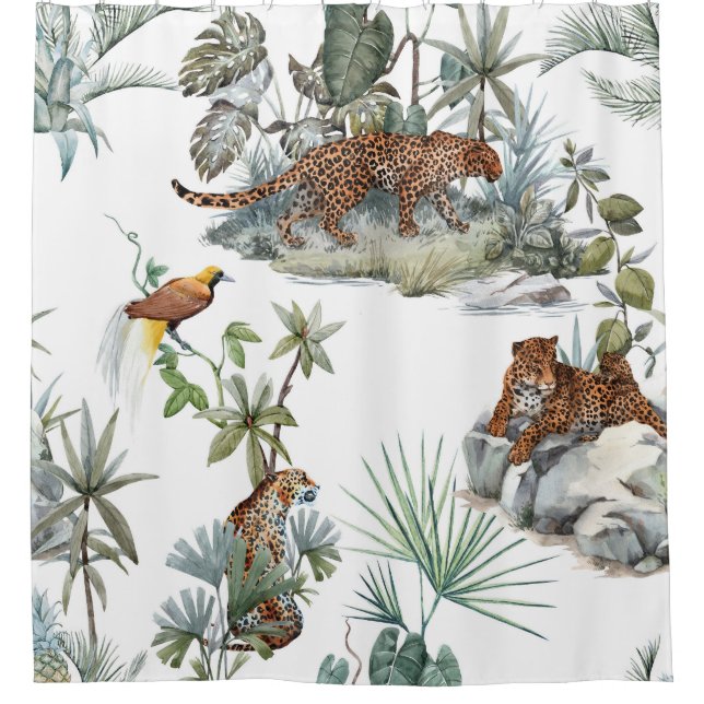 Rideaux De Douche Aquarelle de la jungle léopard Scène tropicale (Devant)