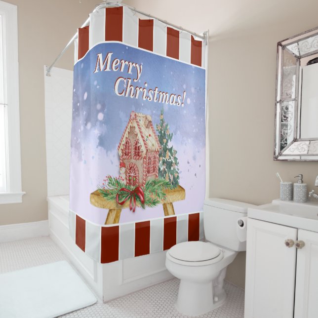 Rideaux De Douche Aquarelle de la maison de pain d'épice de Noël (En situation)