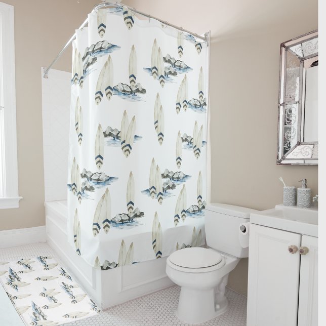 Rideaux De Douche Aquarelle de surf minimale Vols de plage côtière (Créateur téléchargé)