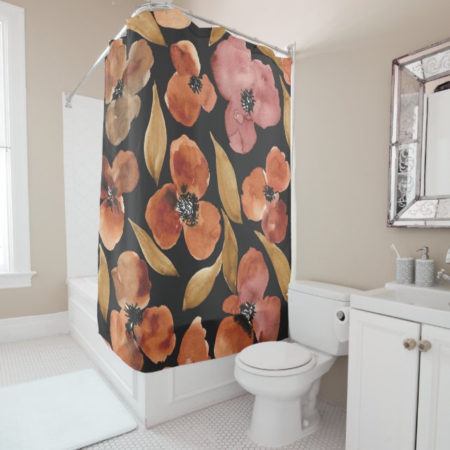 Rideaux De Douche Aquarelle de terre rouille noir floral (En situation)