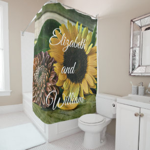 Rideaux De Douche Aquarelle de tournesol vintage sur une table en bo