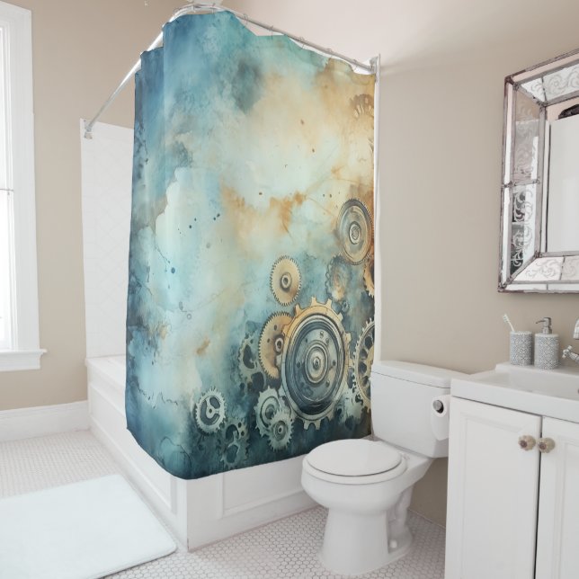 Rideaux De Douche Aquarelle des engrenages Steampunk - Horloge (En situation)