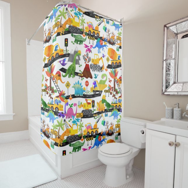 Rideaux De Douche Aquarelle Dinosaure Construction Enfants mignonnes (En situation)