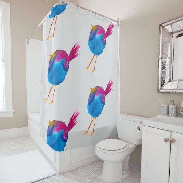 Rideaux De Douche Aquarelle d'oiseau bleu (En situation)