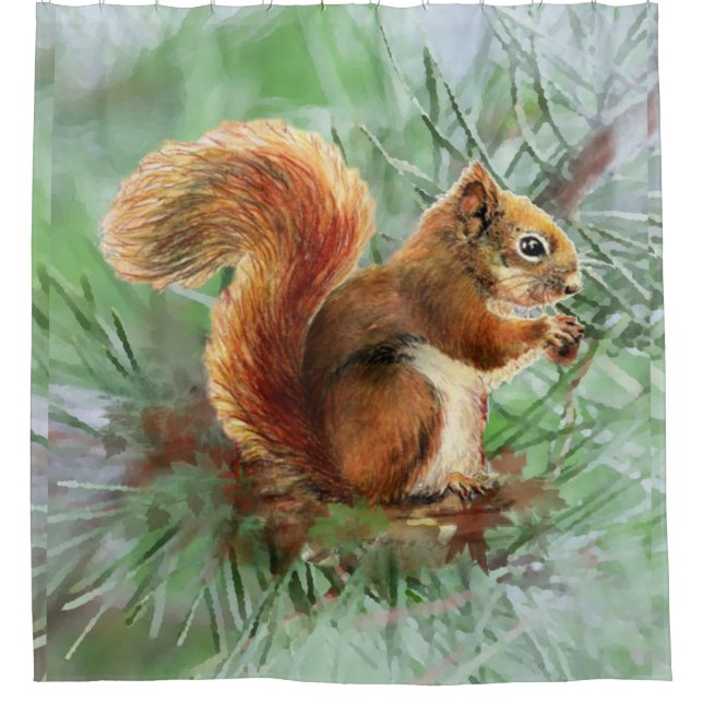 Rideaux De Douche Aquarelle Écureuil rouge dans l'arbre Animal Natur (Devant)