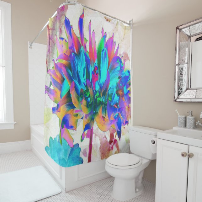 Rideaux De Douche Aquarelle étonnante Rainbow Cactus Dahlia (En situation)