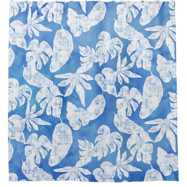 Rideaux De Douche Aquarelle Feuille tropicale Feuilles bleu moderne  (Devant)