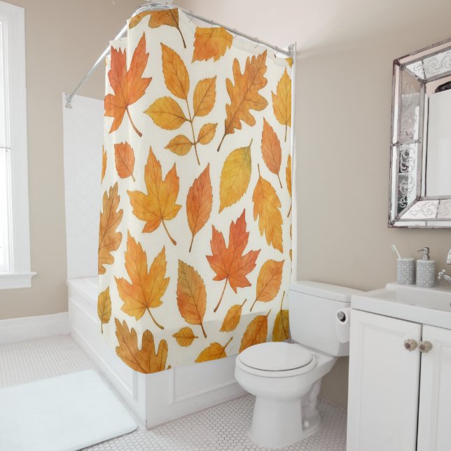 Rideaux De Douche Aquarelle Feuilles d'automne sur la saison blanche (En situation)