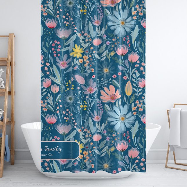 Rideaux De Douche Aquarelle fleurie nom de famille personnalisée ble (Créateur téléchargé)