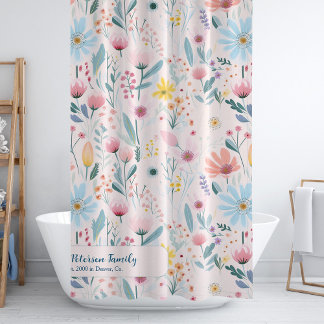 Rideaux De Douche Aquarelle fleurie nom de famille personnalisée ros