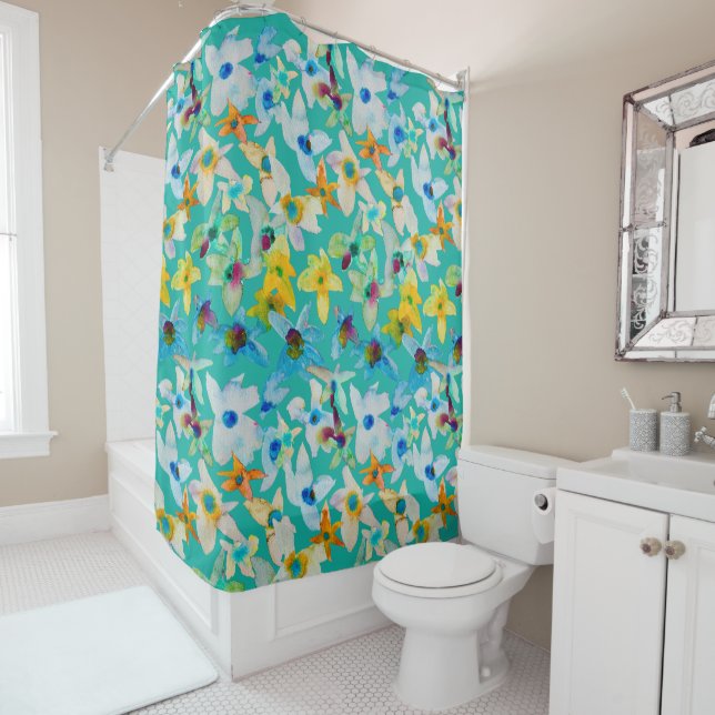 Rideaux De Douche Aquarelle fleurs bleues blanches (En situation)