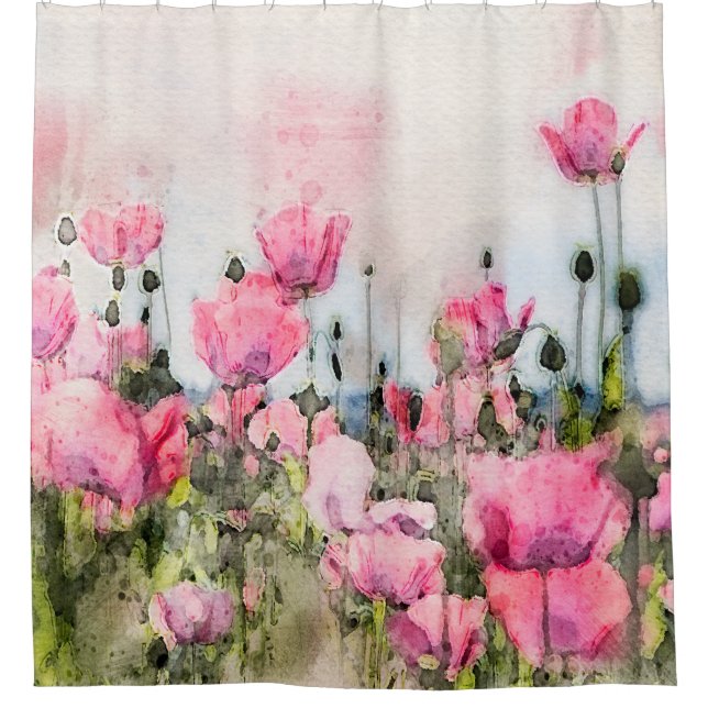 Rideaux De Douche Aquarelle florale Fleurs de pavot rose (Devant)