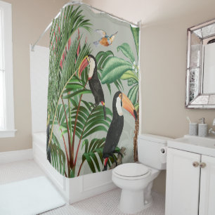 Rideaux De Douche Aquarelle Forêt tropicale et oiseaux colorés