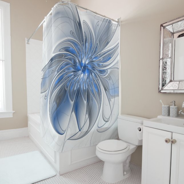 Rideaux De Douche Aquarelle gris bleu Abstrait Fractal Art Flower (En situation)
