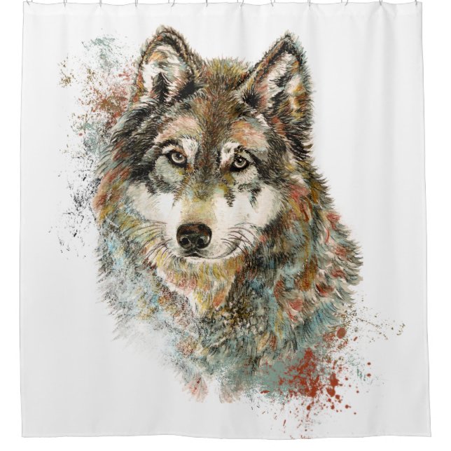 Rideaux De Douche Aquarelle Gris Loup Animal Faune Nature Art (Devant)