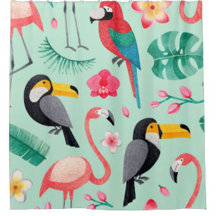 Rideaux De Douche Aquarelle illustrations d'oiseaux, fleur tropicale