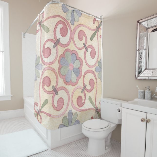 Rideaux De Douche Aquarelle italienne espagnole Majolica rose (En situation)