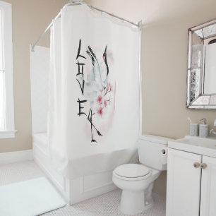 Rideaux De Douche  Aquarelle Japonaise Sakura Blossom Love Crane