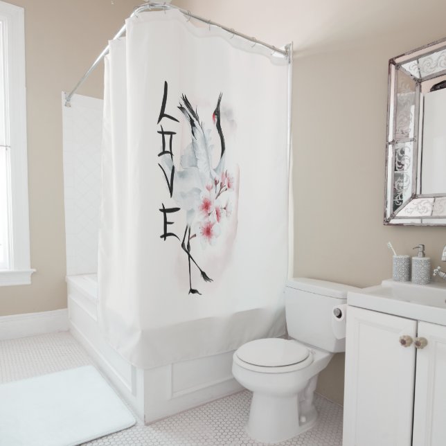 Rideaux De Douche Aquarelle Japonaise Sakura Blossom Love Crane (En situation)