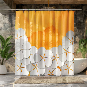 Rideaux De Douche Aquarelle jaune-orange et fleurs blanches