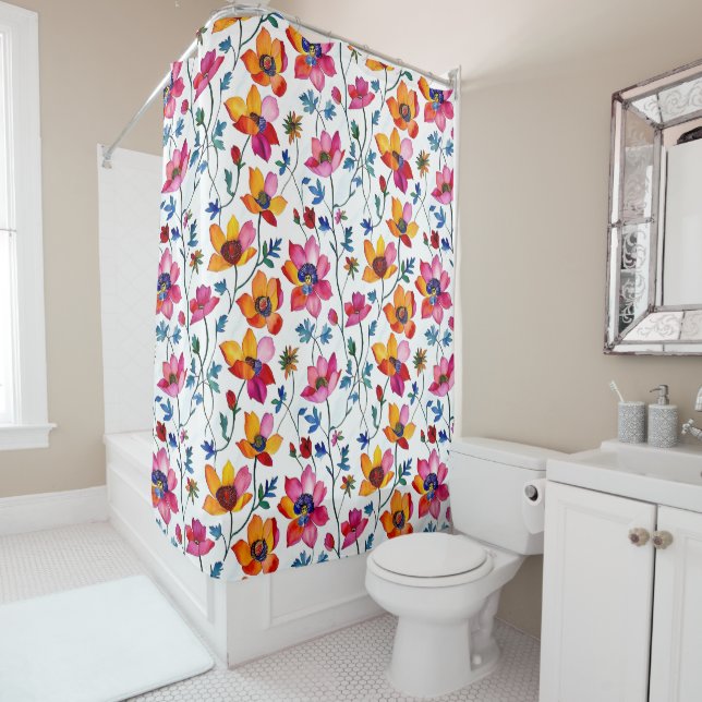 Rideaux De Douche Aquarelle Joli rose et jaune Floral (En situation)
