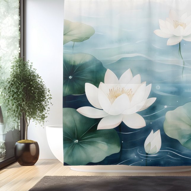 Rideaux De Douche Aquarelle Lotus Blossom Dreamscape Style japonais (Créateur téléchargé)