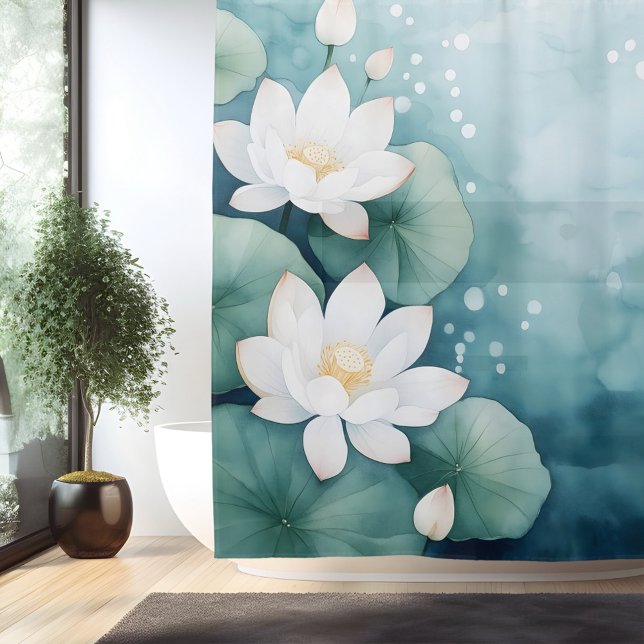 Rideaux De Douche Aquarelle Lotus Blossom Dreamscape Style japonais (Créateur téléchargé)