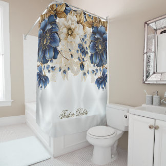 Rideaux De Douche Aquarelle Marine Bleu Blanc Or Floral Argent