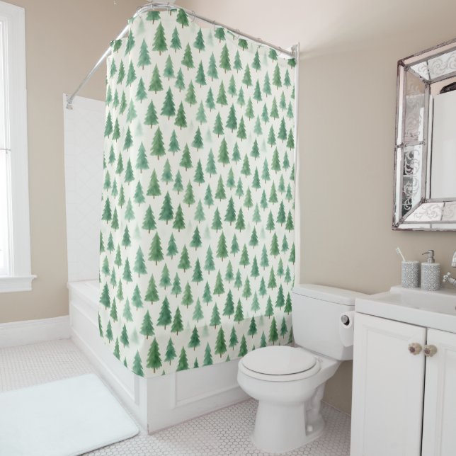 Rideaux De Douche Aquarelle moderne Pins de Noël Arbres sans soudure (En situation)