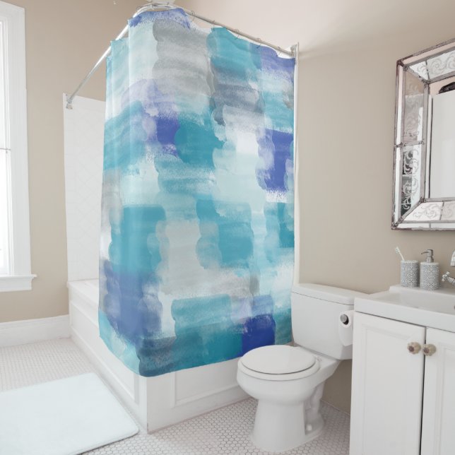 Rideaux De Douche Aquarelle moderne turquoise et gris Art Abstrait (En situation)