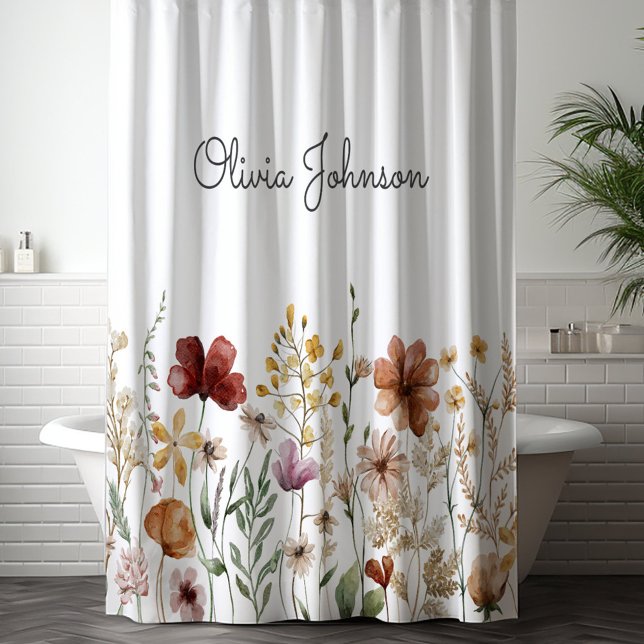 Rideaux De Douche Aquarelle monogramme Fleur sauvage Joli Floral (In situ)