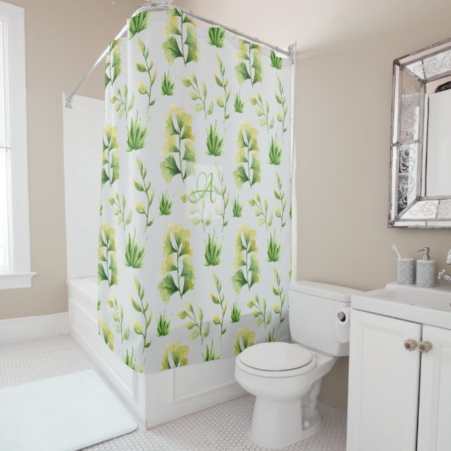 Rideaux De Douche Aquarelle monographique Feuille Botanique Déco ver (En situation)