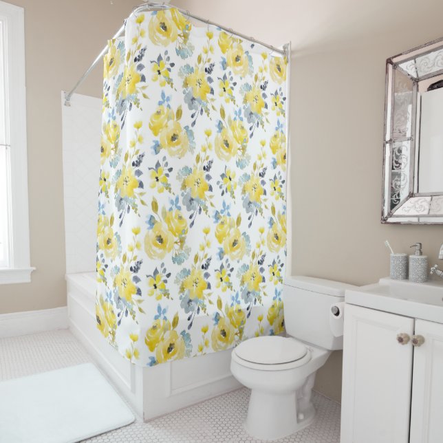 Rideaux De Douche Aquarelle Motif Floral Jaune (En situation)