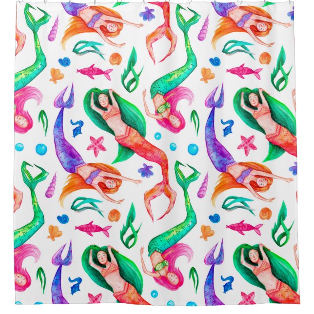 Rideaux De Douche Aquarelle motif sans soudure avec sirènes, coquill (Devant)