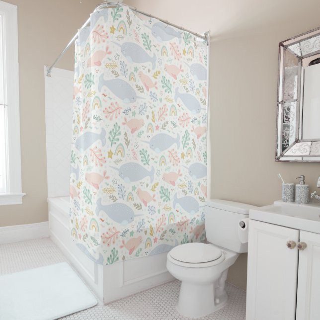 Rideaux De Douche Aquarelle Narwhal et Motif de phoque (En situation)