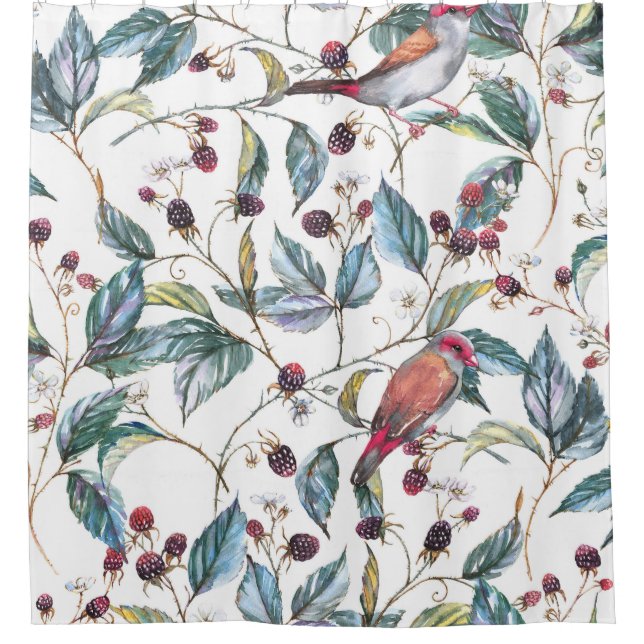 Rideaux De Douche Aquarelle naturelle motif : mûres, oiseaux, f (Devant)