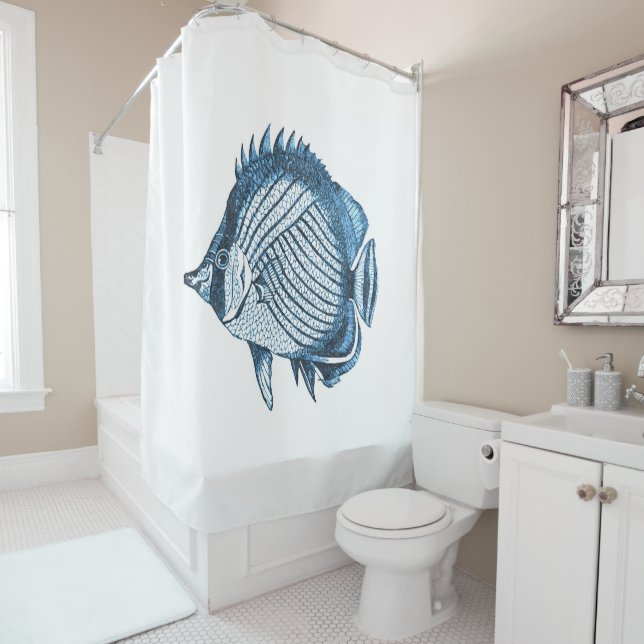 Rideaux De Douche Aquarelle nautique côtière bleue de poissons (En situation)