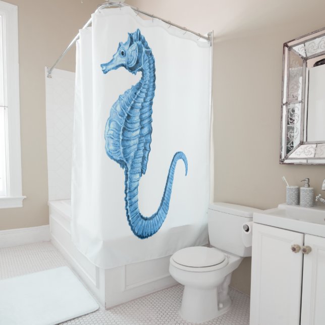 Rideaux De Douche Aquarelle nautique côtière bleue d'hippocampe (En situation)
