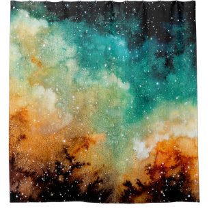 Rideaux De Douche Aquarelle Nebula jaune vif, étoiles et noir