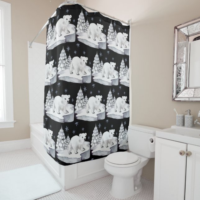 Rideaux De Douche Aquarelle noire Pin d'ours polaire Snowflakes (En situation)