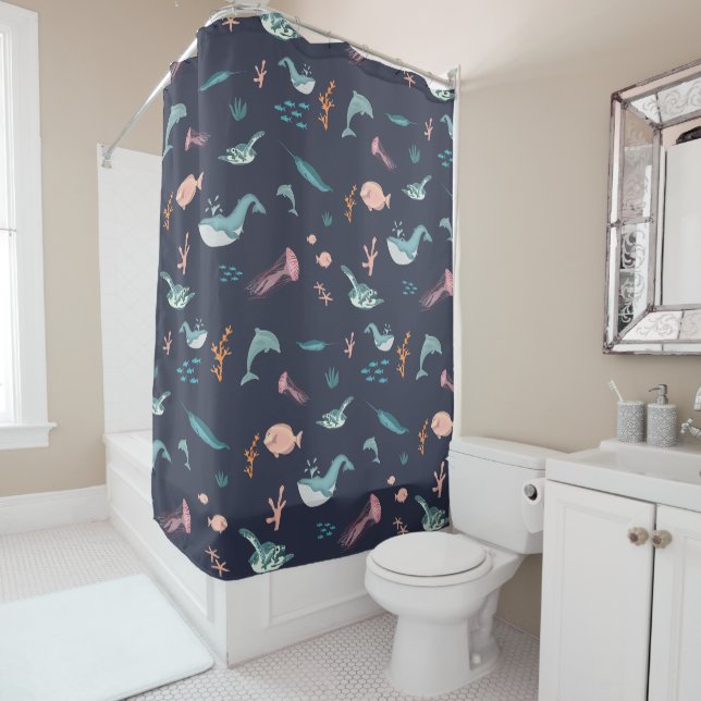 Rideaux De Douche Aquarelle Océan Sea Animaux Motif bleu (En situation)