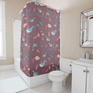 Rideaux De Douche Aquarelle Océan Sea Animaux Motif rose pâle