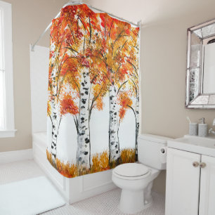 Rideaux De Douche Aquarelle Oiseaux Arbres Automne Orange Feuille